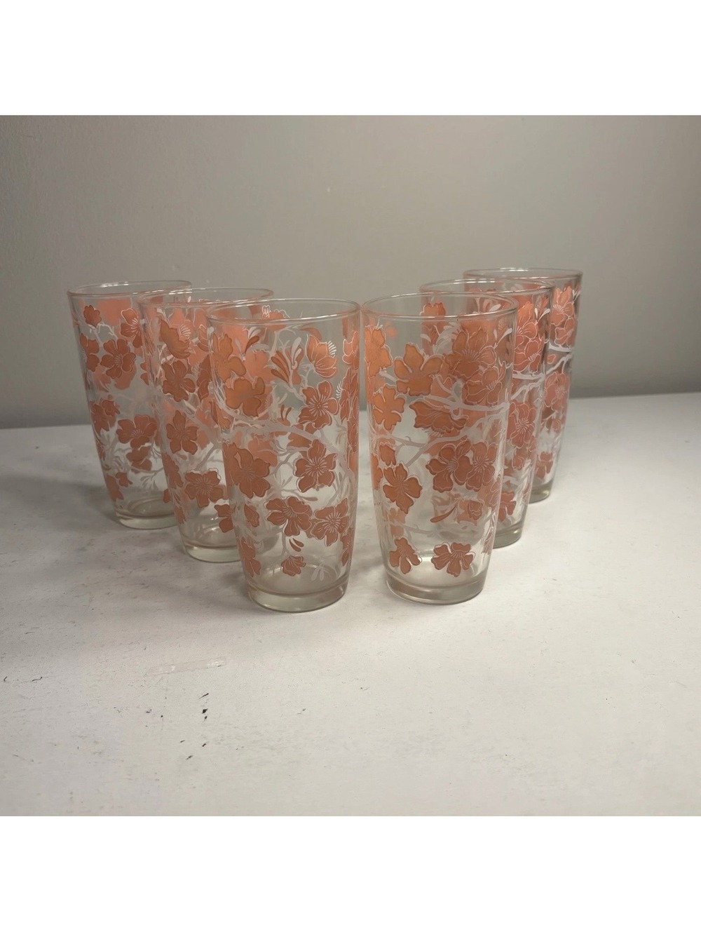 Vintage MCM Dogwood Pink & White Juice Glasses set of 6